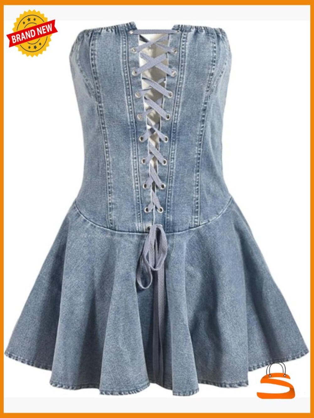 Strapless Denim Tube Mini Dress Ruffled Hem Bodycon Back Zipper - Picture 1 of 5